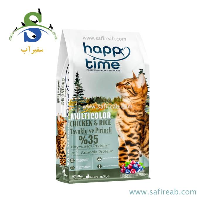 غذای خشک گربه بالغ هپی تایم مولتی کالر با طعم مرغ و برنج (15 کیلوگرم)